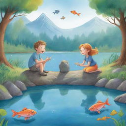 An easy-to-draw, vibrant and fun-filled cartoon scene for a children's book showing Finn and Fiona, animatedly sharing fanciful tales about legendary fish, as they patiently wait by the mystical lake.