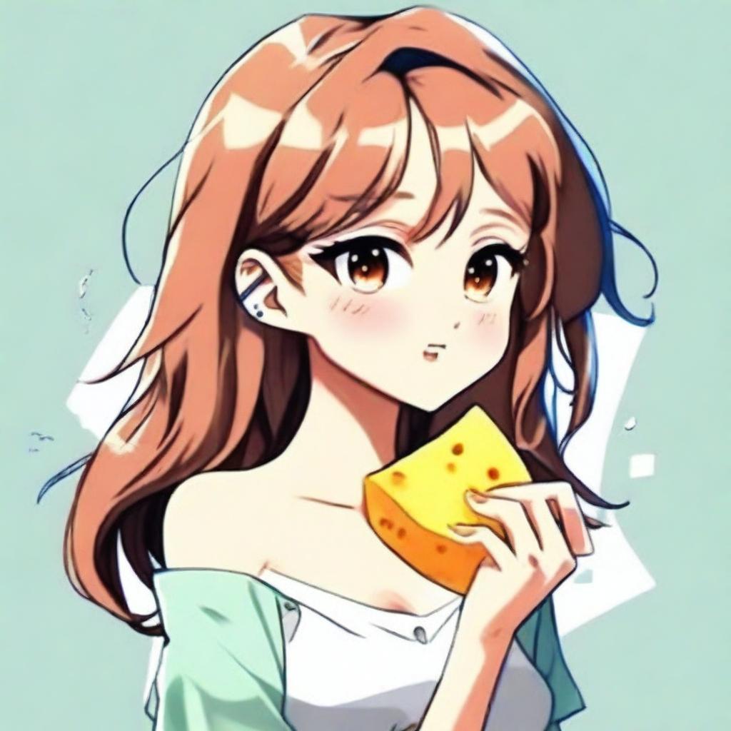 An anime-style girl with a sexy appearance eating cheese, intended for a Telegram avatar