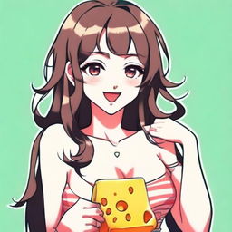 An anime-style girl with a sexy appearance eating cheese, intended for a Telegram avatar