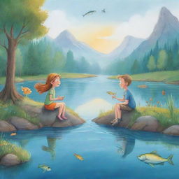 An easy-to-draw, vibrant and fun-filled cartoon scene for a children's book showing Finn and Fiona, animatedly sharing fanciful tales about legendary fish, as they patiently wait by the mystical lake.