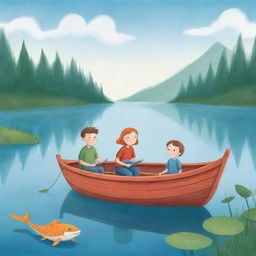 A simplistic and colorful cartoon scene for a children's book illustrating Finn and Fiona in a boat, sharing whimsical stories of legendary fish, while patiently waiting on the mystical lake.