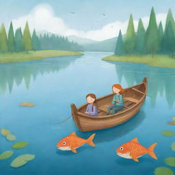 A simplistic and colorful cartoon scene for a children's book illustrating Finn and Fiona in a boat, sharing whimsical stories of legendary fish, while patiently waiting on the mystical lake.