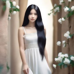 A cover image of a hallway with rocks and white flowers, featuring a girl with long black hair wearing a white dress