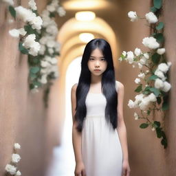 A cover image of a hallway with rocks and white flowers, featuring a girl with long black hair wearing a white dress