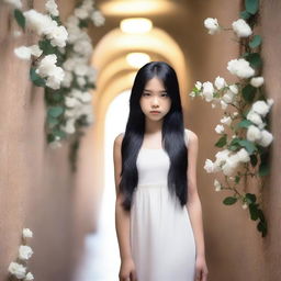 A cover image of a hallway with rocks and white flowers, featuring a girl with long black hair wearing a white dress