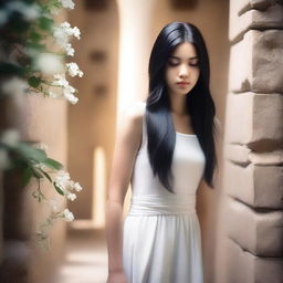 A cover image of a hallway with rocks and white flowers, featuring a girl with long black hair wearing a white dress