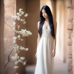 A cover image of a hallway with rocks and white flowers, featuring a girl with long black hair wearing a white dress