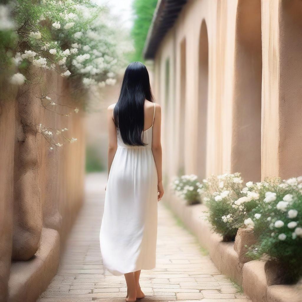 A cover image of a hallway with rocks and white flowers, featuring a girl with long black hair wearing a white dress, walking away with her back turned