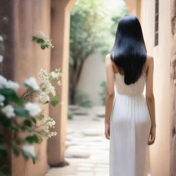 A cover image of a hallway with rocks and white flowers, featuring a girl with long black hair wearing a white dress, walking away with her back turned