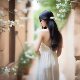 A cover image of a hallway with rocks and white flowers, featuring a girl with long black hair wearing a white dress, walking away with her back turned