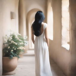 A cover image of a hallway with rocks and white flowers, featuring a girl with long black hair wearing a white dress, walking away with her back turned