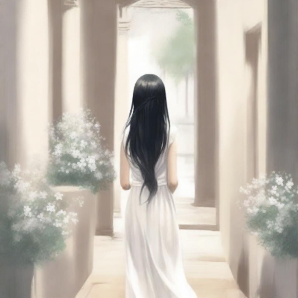 A cover image of a drawing of a hallway with rocks and white flowers, featuring a girl with long black hair wearing a white dress, walking away with her back turned