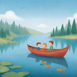 A simplistic and colorful cartoon scene for a children's book illustrating Finn and Fiona in a boat, sharing whimsical stories of legendary fish, while patiently waiting on the mystical lake.