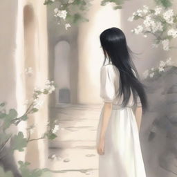 A cover image of a drawing of a hallway with rocks and white flowers, featuring a girl with long black hair wearing a white dress, walking away with her back turned