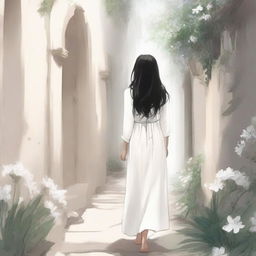 A cover image of a drawing of a hallway with rocks and white flowers, featuring a girl with long black hair wearing a white dress, walking away with her back turned