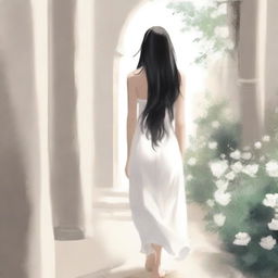 A cover image of a drawing of a hallway with rocks and white flowers, featuring a girl with long black hair wearing a white dress, walking away with her back turned