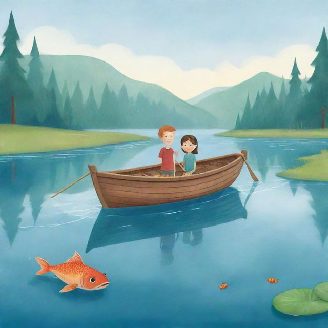 A simplistic and colorful cartoon scene for a children's book illustrating Finn and Fiona in a boat, sharing whimsical stories of legendary fish, while patiently waiting on the mystical lake.