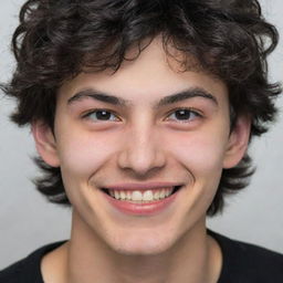 An 18-year-old boy with a pointed nose and wavy black hair reaching his neck. His black eyes gleam with mischief, and a playful smile graces his face, marked by a straight scar beside his lip.