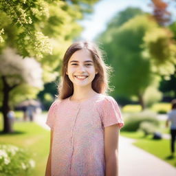 A young girl standing in a public park, surrounded by trees and flowers