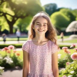 A young girl standing in a public park, surrounded by trees and flowers