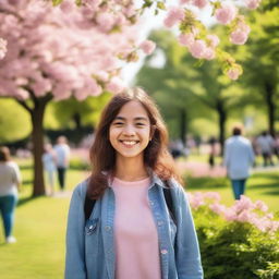 A young girl standing in a public park, surrounded by trees and flowers