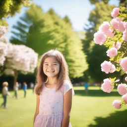 A young girl standing in a public park, surrounded by trees and flowers