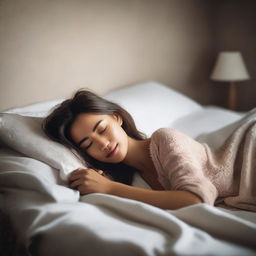 A woman lying on a bed, semi-dressed, with a soft and intimate atmosphere