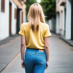 A picture of a girl from behind while she is walking