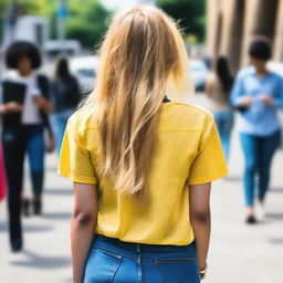 A picture of a girl from behind while she is walking