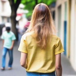 A picture of a girl from behind while she is walking