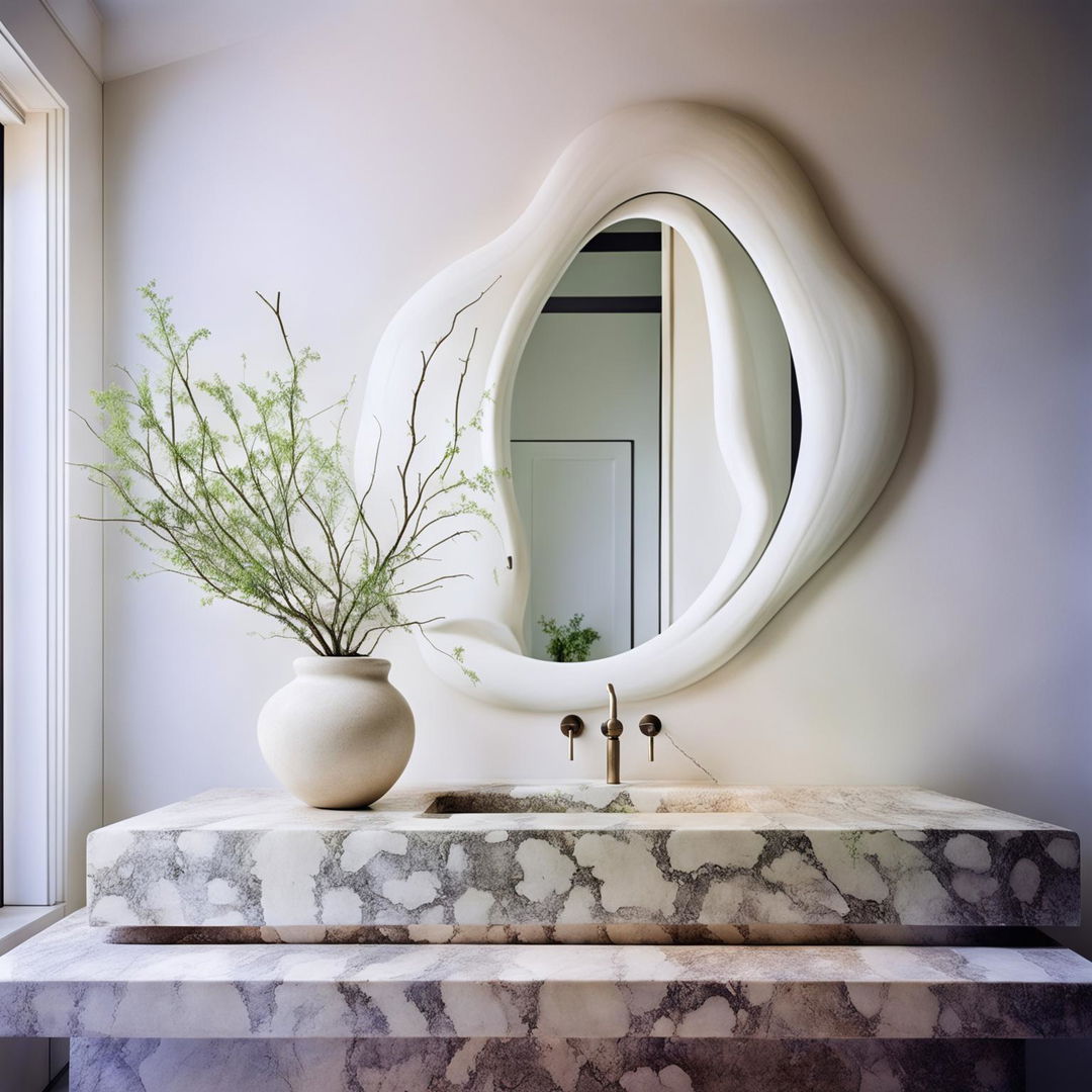 A tranquil bathroom with soft white Venetian plaster wall, stone vanity, organic-shaped mirror, vase with green branches under gentle lighting in an architectural elevation.