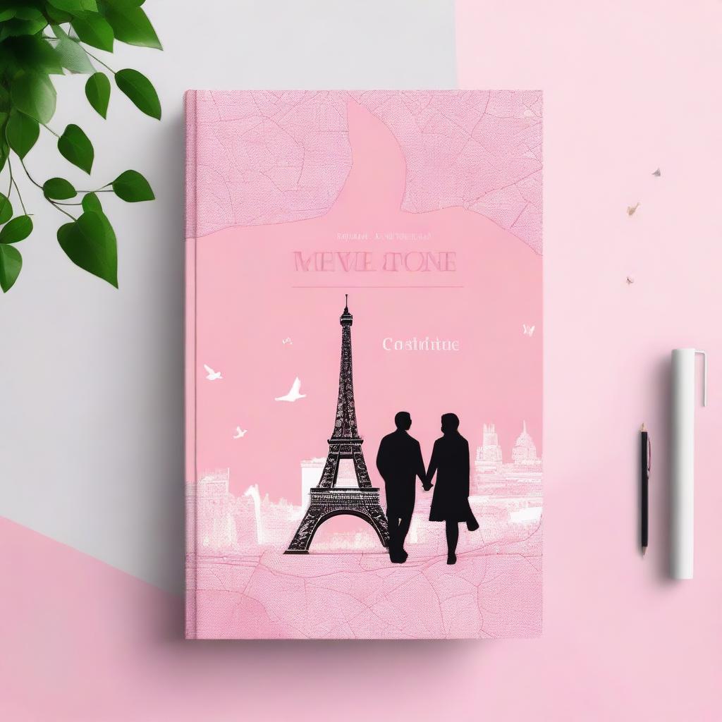 Create a pink book cover featuring a city map of Paris in the background