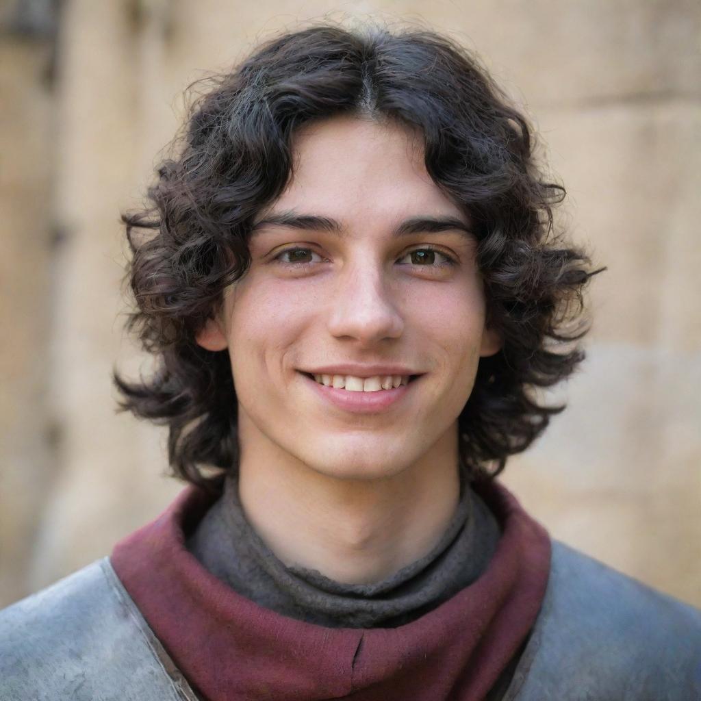 An 18-year-old boy with a pointed nose, black wavy hair covering his neck, black eyes, and a mischievous smile paired with a straight scar on his lip. He is dressed in medieval adventurer attire.