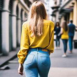 A picture of a girl from behind while she is walking