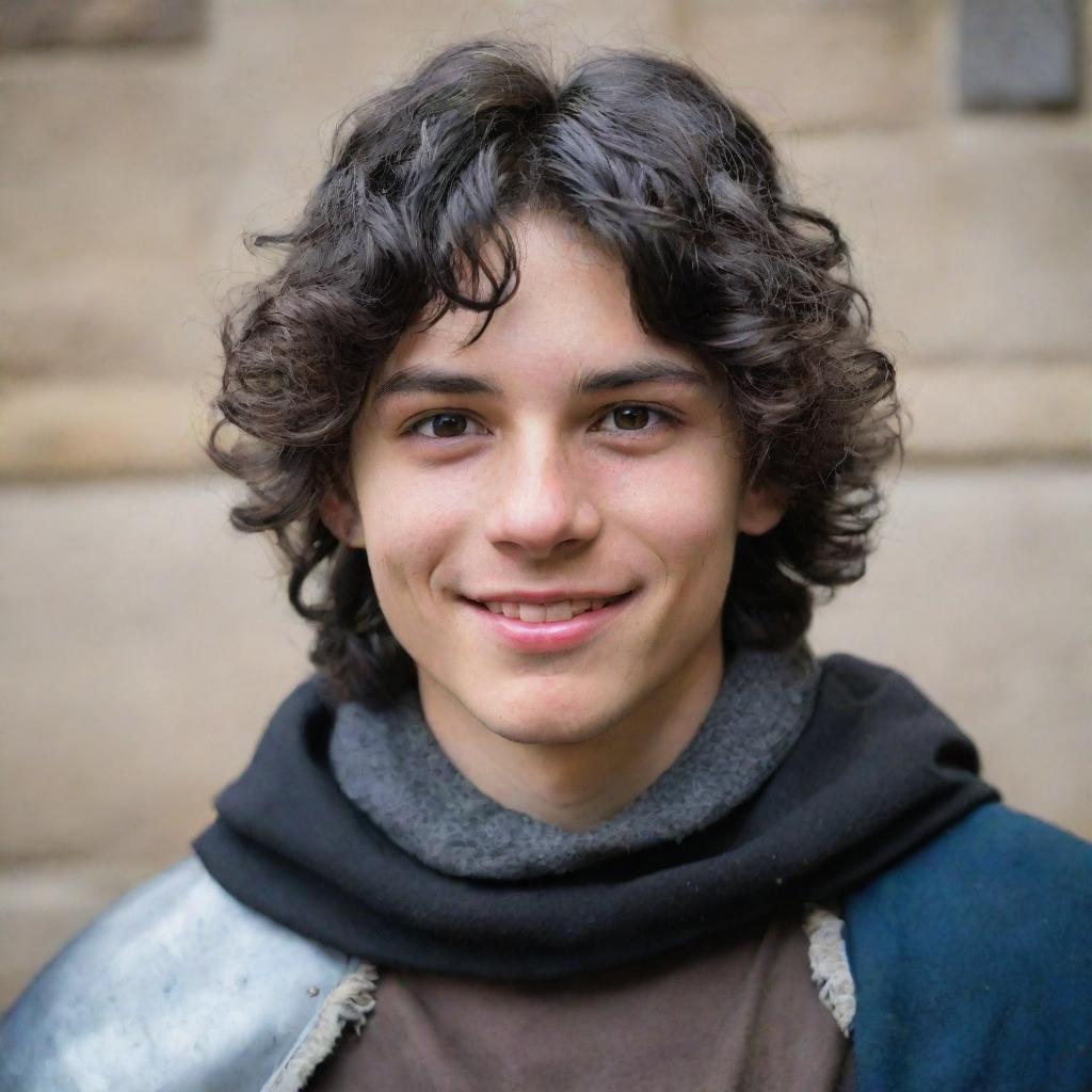 An 18-year-old boy with a pointed nose, black wavy hair covering his neck, black eyes, and a mischievous smile paired with a straight scar on his lip. He is dressed in medieval adventurer attire.