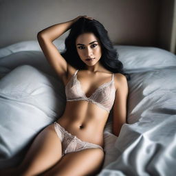 A woman wearing lingerie, lying on a bed in a seductive pose