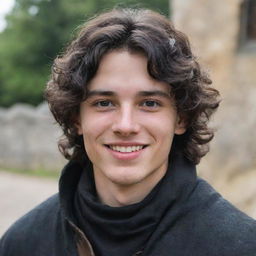 An 18-year-old boy with a pointed nose, black wavy hair covering his neck, black eyes, and a mischievous smile paired with a straight scar on his lip. He is dressed in medieval adventurer attire.