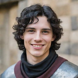 An 18-year-old boy with a pointed nose, black wavy hair covering his neck, black eyes, and a mischievous smile paired with a straight scar on his lip. He is dressed in medieval adventurer attire.