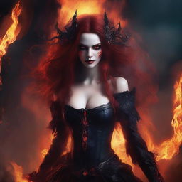 A strikingly beautiful demonic woman with fiery red skin and glowing eyes, surrounded by intense hellfire