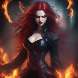 A strikingly beautiful demonic woman with fiery red skin and glowing eyes, surrounded by intense hellfire