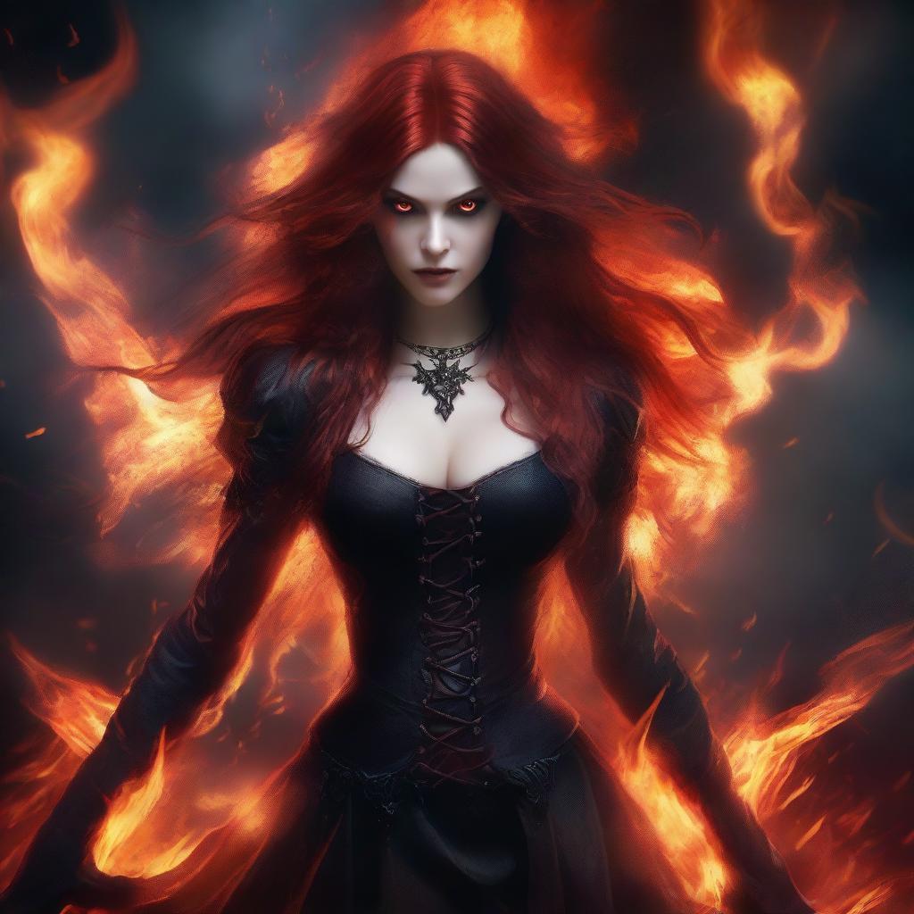 A strikingly beautiful demonic woman with fiery red skin and glowing eyes, surrounded by intense hellfire