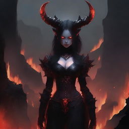 A demonic girl with red skin and horns, standing in the midst of a hellish landscape