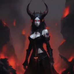 A demonic girl with red skin and horns, standing in the midst of a hellish landscape