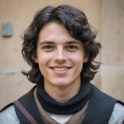 An 18-year-old boy with a pointed nose, black wavy hair covering his neck, black eyes, and a mischievous smile with a straight scar on his lip, dressed in medieval adventurer attire.