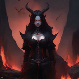 A demonic girl with red skin and horns, standing in the midst of a hellish landscape