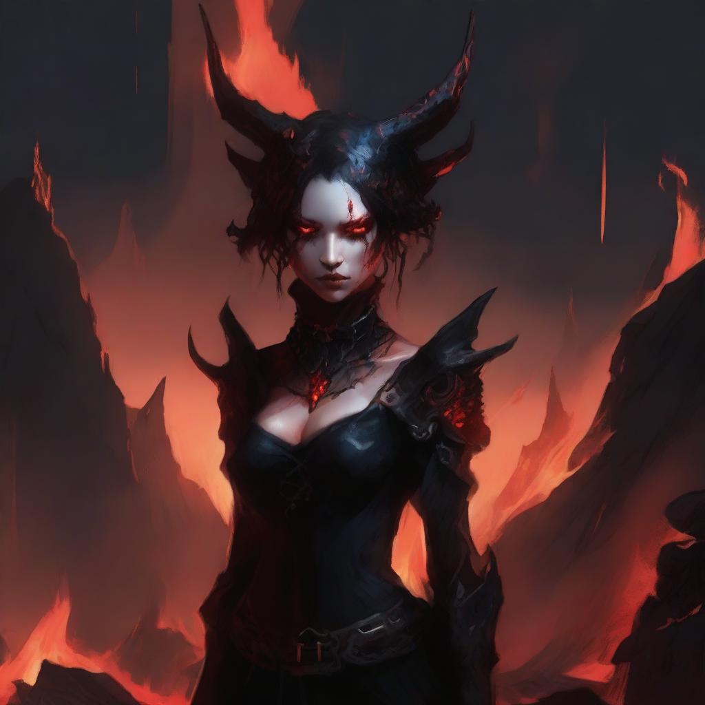 A demonic girl with red skin and horns, standing in the midst of a hellish landscape