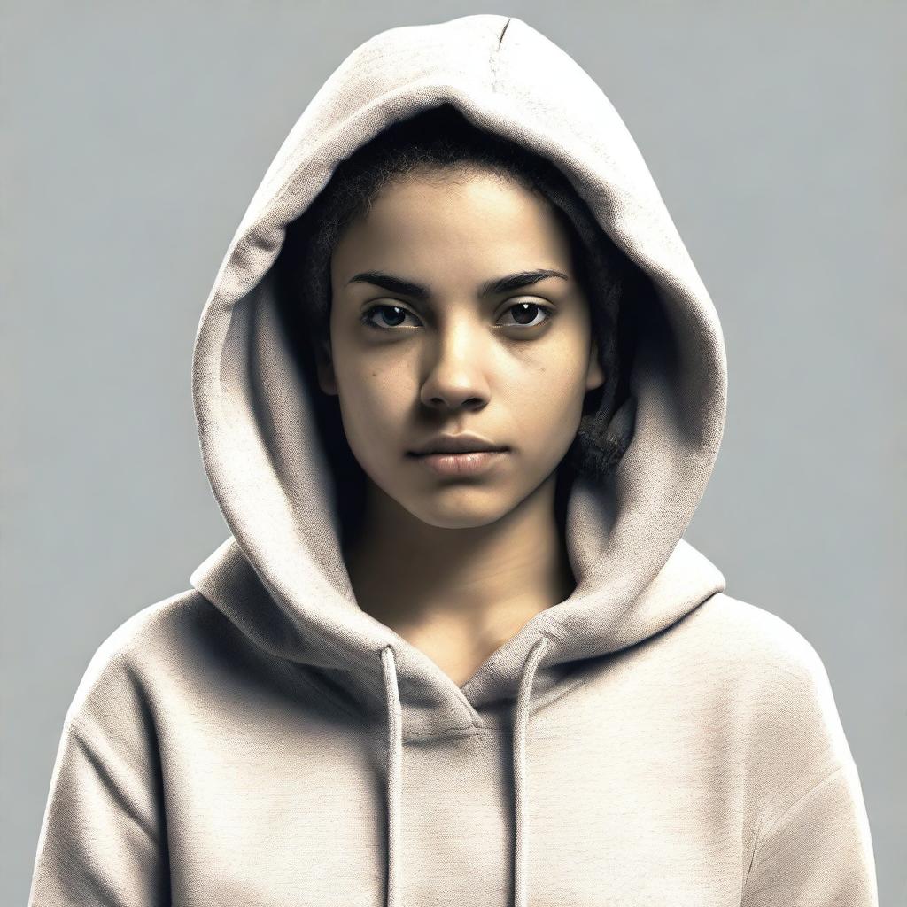 A young woman wearing a hoodie with a locked collar around her neck