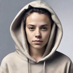 A young woman wearing a hoodie with a locked collar around her neck