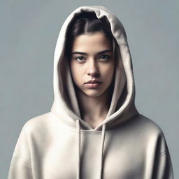 A young woman wearing a hoodie with a locked collar around her neck