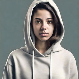 A young woman wearing a hoodie with a locked collar around her neck